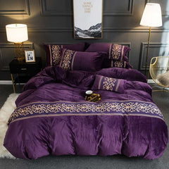 Velvet Embroidered Duvet Set - Purple