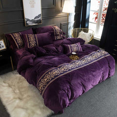 Velvet Embroidered Duvet Set - Purple