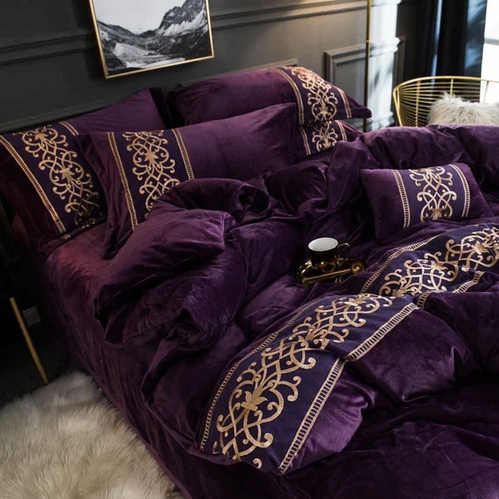 Velvet Embroidered Duvet Set - Purple