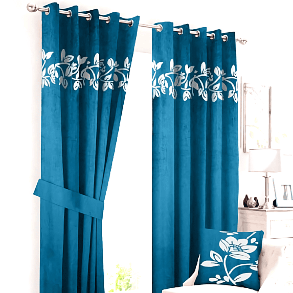 2 Pieces Luxury Floral Velvet Curtains Teal