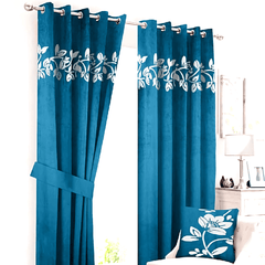 2 Pieces Luxury Floral Velvet Curtains Teal